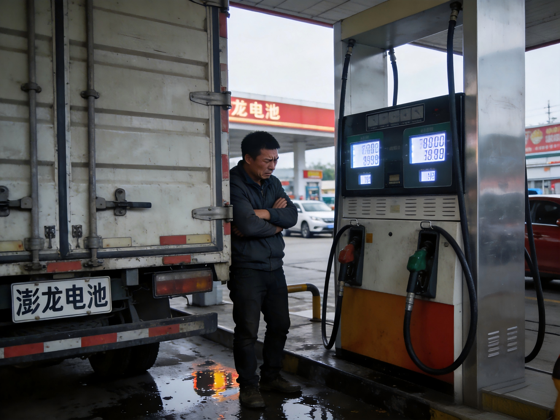 8f1d83529a716c867131f322a6eb4fbf.png jimeng-2026-03-03-8153-给我生成一张4:3尺寸的卡车加油照片,车牌是澎龙电池,旁边站着一个司机痛苦的看着...(1).png